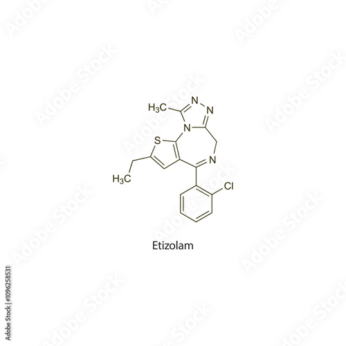 Etizolam flat skeletal molecular structure Benzodiazepine drug used in Anxiety, Insomnia treatment. Vector illustration scientific diagram.