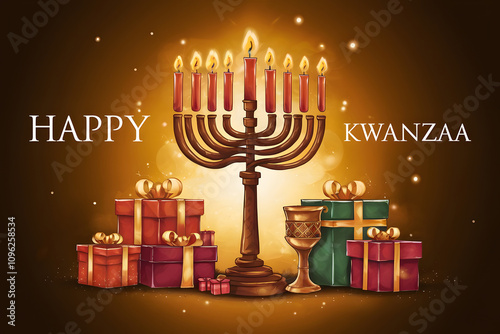 HAPPY KWANZAA Design with Glowing Kinara, Festive Candles, Gifts, and African Patterns