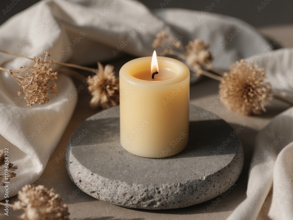 Elegant Yellow Candle on Gray Stone with Dried Flowers and Soft Fabric in Natural Lighting Creating a Calm and Serene Atmosphere for Relaxation and Meditation. Elegant Yellow Candle on Gray Stone with Dried Flowers and Soft Fabric in Natural Lighting Creating a Calm and Serene Atmosphere for Relaxation and Meditation.