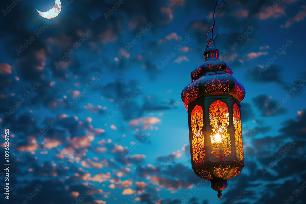 Obraz premium Beautiful greeting card with bright holiday composition for happy and joy celebrate Ramadan