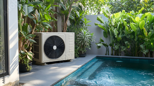 Outdoor heat pump near a pool with decorative plants