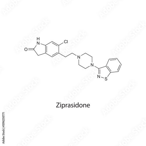 Ziprasidone flat skeletal molecular structure Atypical Antipsychotic drug used in schizophrenia treatment. Vector illustration scientific diagram. photo