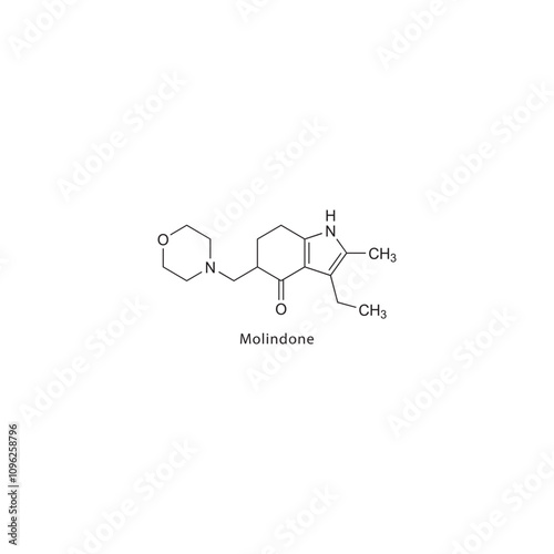 Molindone flat skeletal molecular structure Antipsychotic drug used in schizophrenia treatment. Vector illustration scientific diagram.