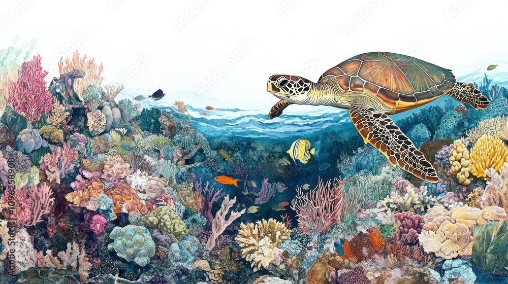 Fototapeta premium A coral reef with a sea turtle gliding gracefully, surrounded by colorful coral gardens and tropical fish 