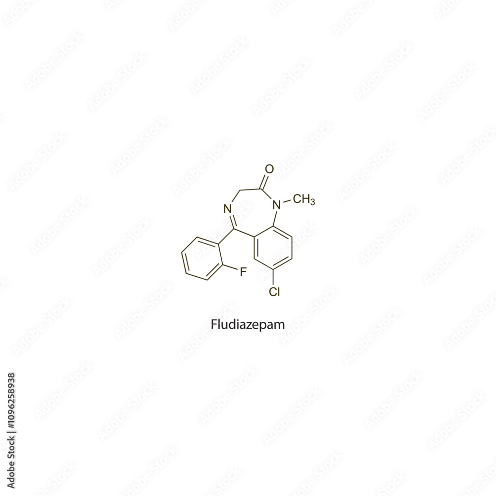 Fludiazepam flat skeletal molecular structure Benzodiazepine drug used in Anxiety treatment. Vector illustration scientific diagram.