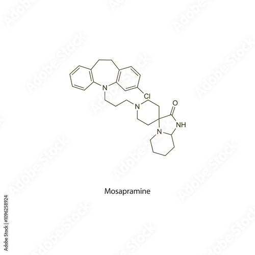 Mosapramine flat skeletal molecular structure Antipsychotic drug used in schizophrenia treatment. Vector illustration scientific diagram.