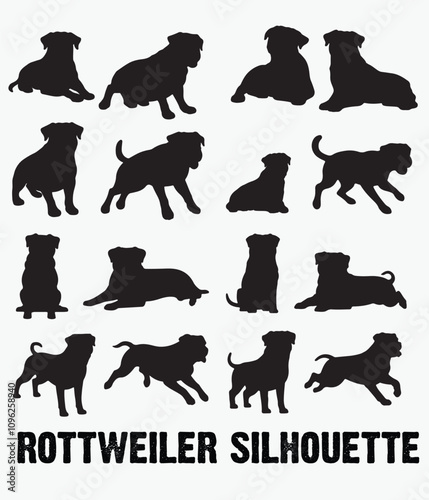 Collection Of  Rottweiler Dog Silhouette Vectors, Bold Canine Illustrations for Creative Designs