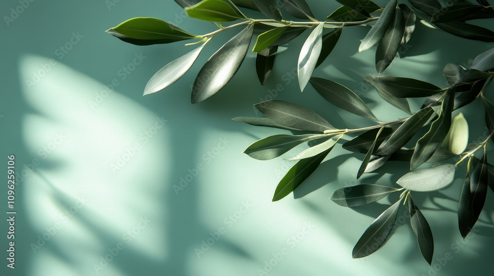 Obraz premium Fresh green leaves drape over a pastel blue surface, their shapes casting gentle shadows that enhance the tranquil vibe of the space. Sunlight illuminates the scene softly