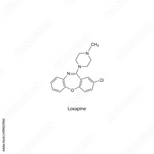 Loxapine flat skeletal molecular structure Antipsychotic drug used in schizophrenia treatment. Vector illustration scientific diagram.