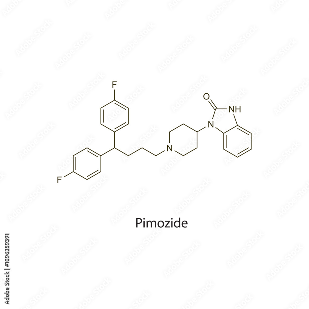 Fototapeta premium Pimozide flat skeletal molecular structure Antipsychotic drug used in schizophrenia treatment. Vector illustration scientific diagram.