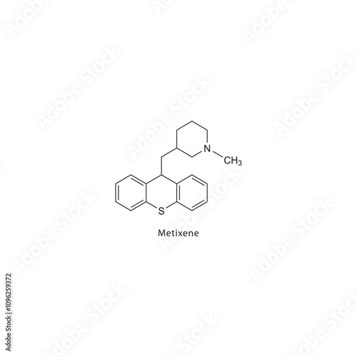 Metixene flat skeletal molecular structure Anticholinergic drug drug used in Parkinson's disease treatment. Vector illustration scientific diagram.