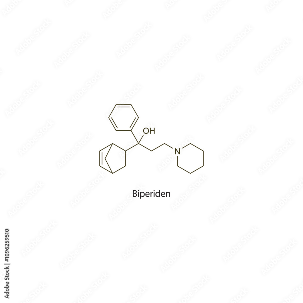 Biperiden flat skeletal molecular structure Anticholinergic drug drug used in Parkinson's disease treatment. Vector illustration scientific diagram.