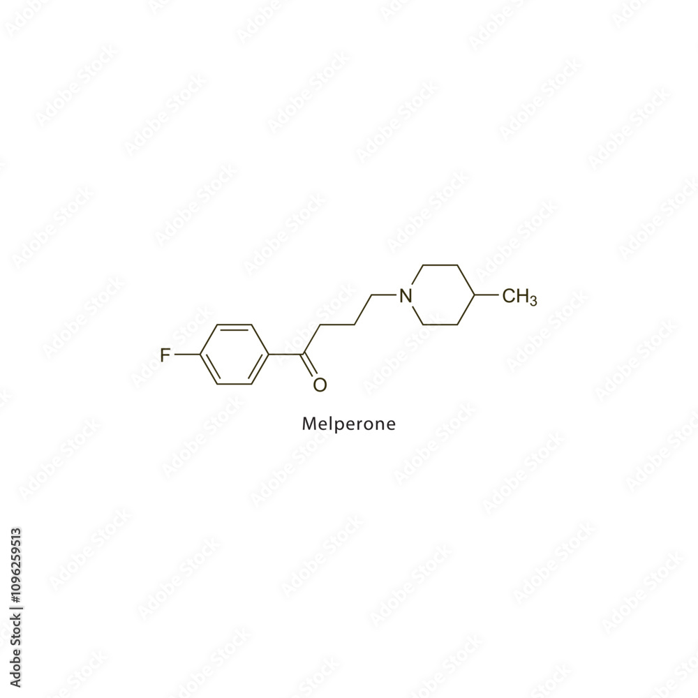 Melperone flat skeletal molecular structure Antipsychotic drug used in Schizophrenia, mania treatment. Vector illustration scientific diagram. Melperone flat skeletal molecular structure Antipsychotic drug used in Schizophrenia, mania treatment. Vector illustration scientific diagram.
