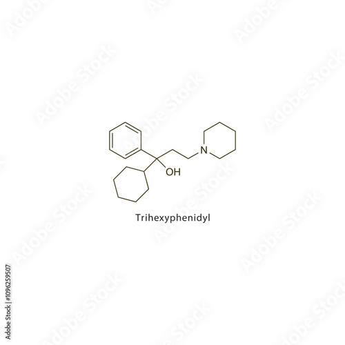 Trihexyphenidyl flat skeletal molecular structure Anticholinergic drug drug used in Parkinson's disease, muscle relaxation treatment. Vector illustration scientific diagram.