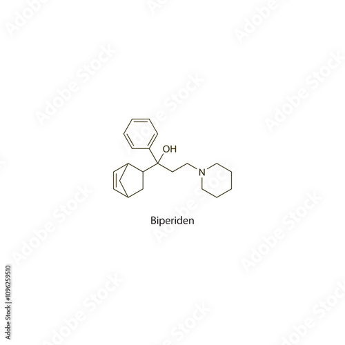 Biperiden flat skeletal molecular structure Anticholinergic drug drug used in Parkinson's disease treatment. Vector illustration scientific diagram.