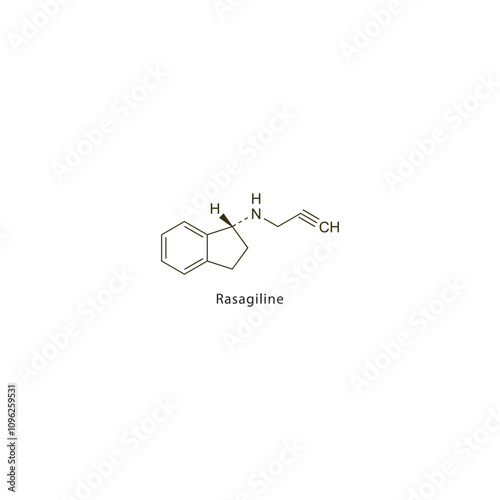 Rasagiline flat skeletal molecular structure MAO B inhibitor drug used in Parkinson's disease treatment. Vector illustration scientific diagram.