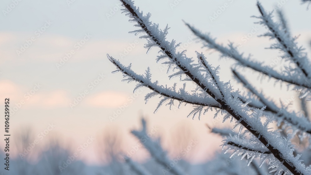 Obraz premium Frosty branches glisten in the morning light at dawn.