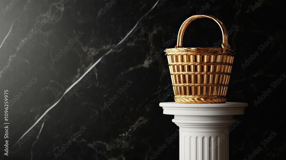 Elegant gold woven basket displayed on column modern home decor minimalist style Elegant gold woven basket displayed on column modern home decor minimalist style