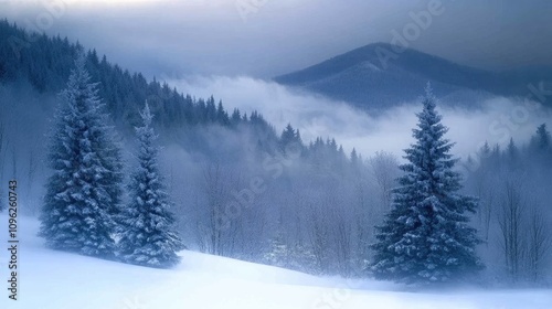 Tranquil winter landscape featuring snow-covered mountains and tall evergreen trees shrouded in mist, creating a serene and calm atmosphere amidst the snowy terrain.