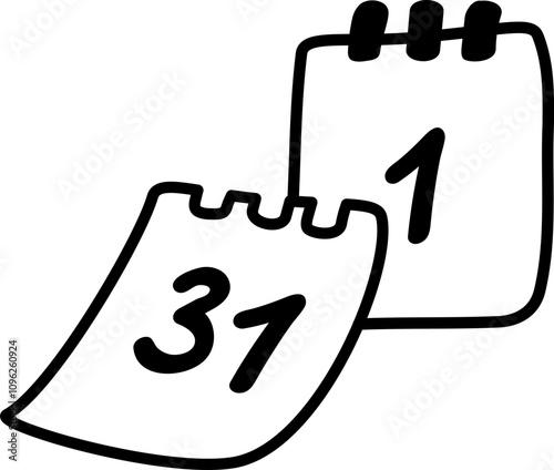 Calendar torn page clip art vector illustration. New Year symbol doodle isolated on transparent background
