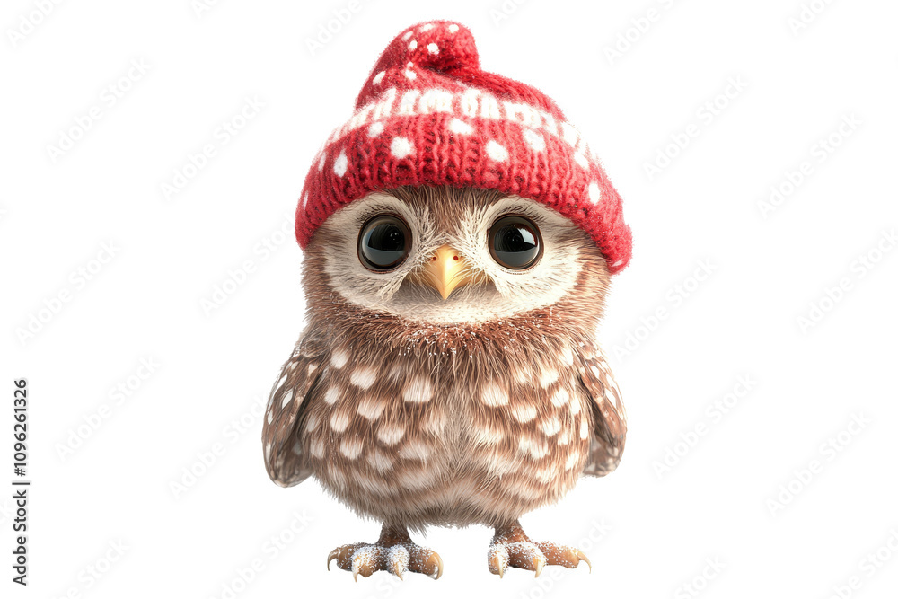 Fototapeta premium Cute owl wearing a red knit hat nature setting animal photography playful close-up view whimsy