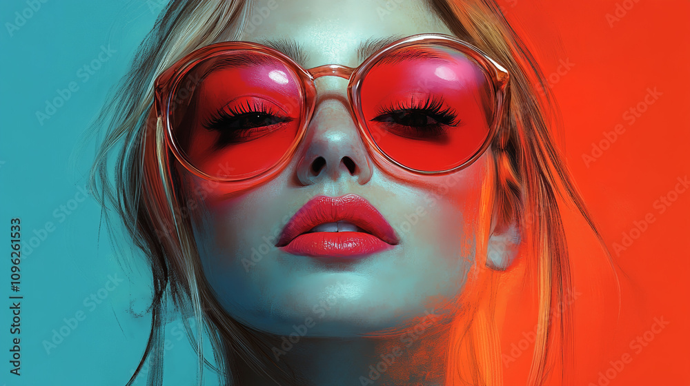 Stylish colorful portrait of Beautiful girl wearing sunglasses on vibrant color background Stylish colorful portrait of Beautiful girl wearing sunglasses on vibrant color background