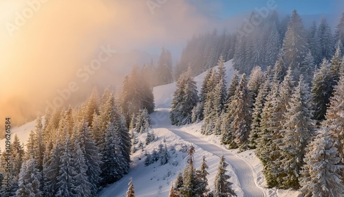 Snowy road winding through majestic mountain forest at sunrise