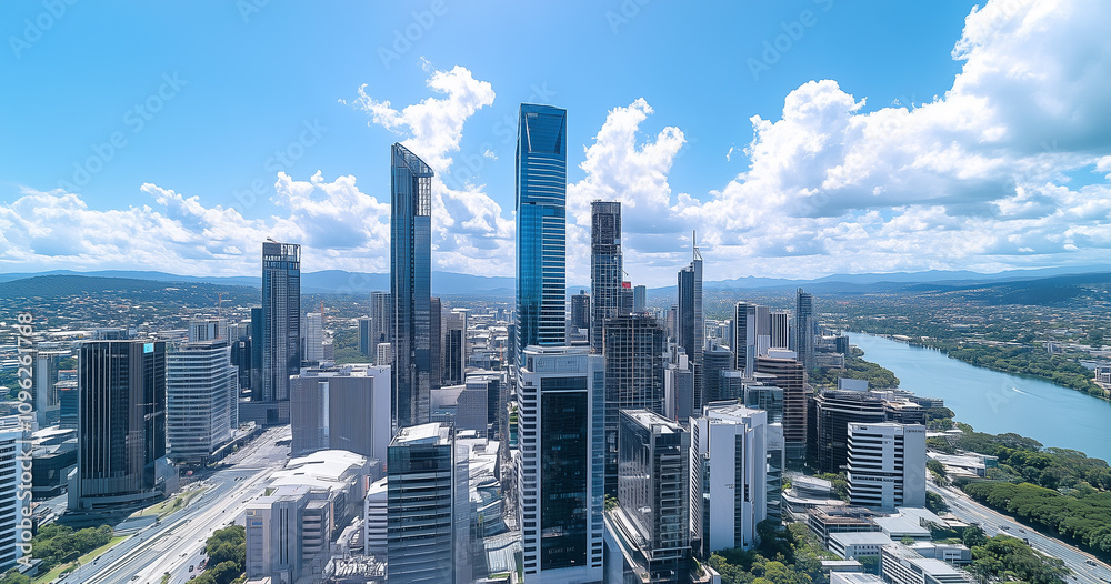 Modern Skyline with High-Rise Office Buildings under Blue Sky Modern Skyline with High-Rise Office Buildings under Blue Sky