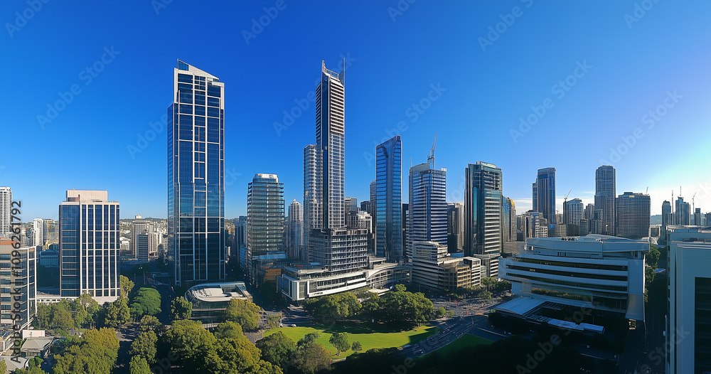 Modern Skyline with High-Rise Office Buildings under Blue Sky Modern Skyline with High-Rise Office Buildings under Blue Sky