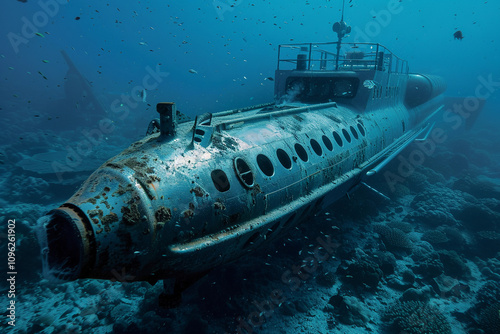 Beautiful large bathyscaphe floating in middle of ocean during exploration photo