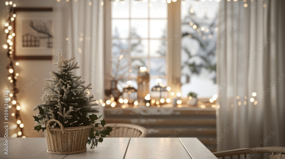A cozy modern dining room with white curtains, a small pine tree in a basket on the table A cozy modern dining room with white curtains, a small pine tree in a basket on the table