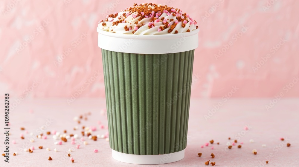Whipped cream topped drink in a green cup. Whipped cream topped drink in a green cup.