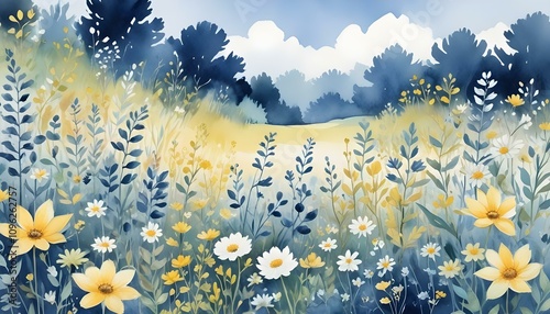 Watercolor painting of tranquil garden with blooming flowers in pastel colors under clear blue sky