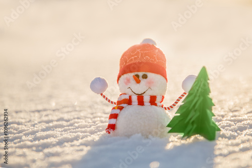 Snowman in winter wonderland scene. Christmas, New Year postcard design. Wintertime magic. Snowman in december snow at sunset photo