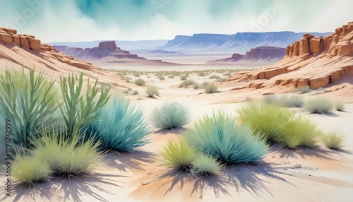 Dry cracked desert landscape with yucca plant and mud cracks in foreground with distant mountains