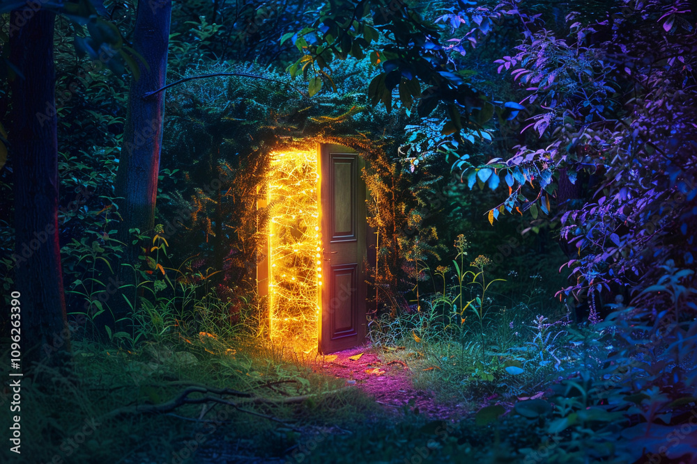 Fantastically door in wild forest leading to deep unknown