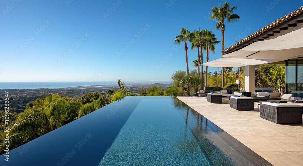 Fototapeta premium Modern Luxury Villa with Infinity Pool Overlooking the Ocean.