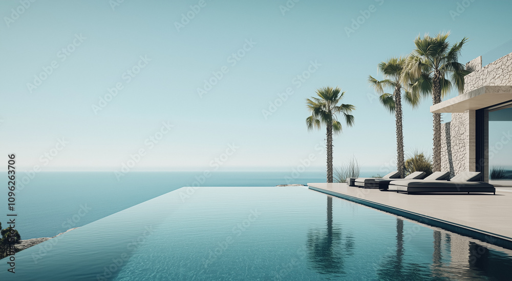 Fototapeta premium Modern Luxury Villa with Infinity Pool Overlooking the Ocean.