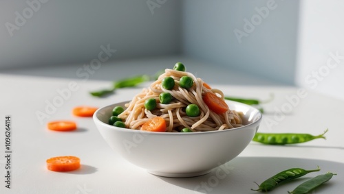 Fresh Instant Soba Noodles with Peas and Carrots. photo