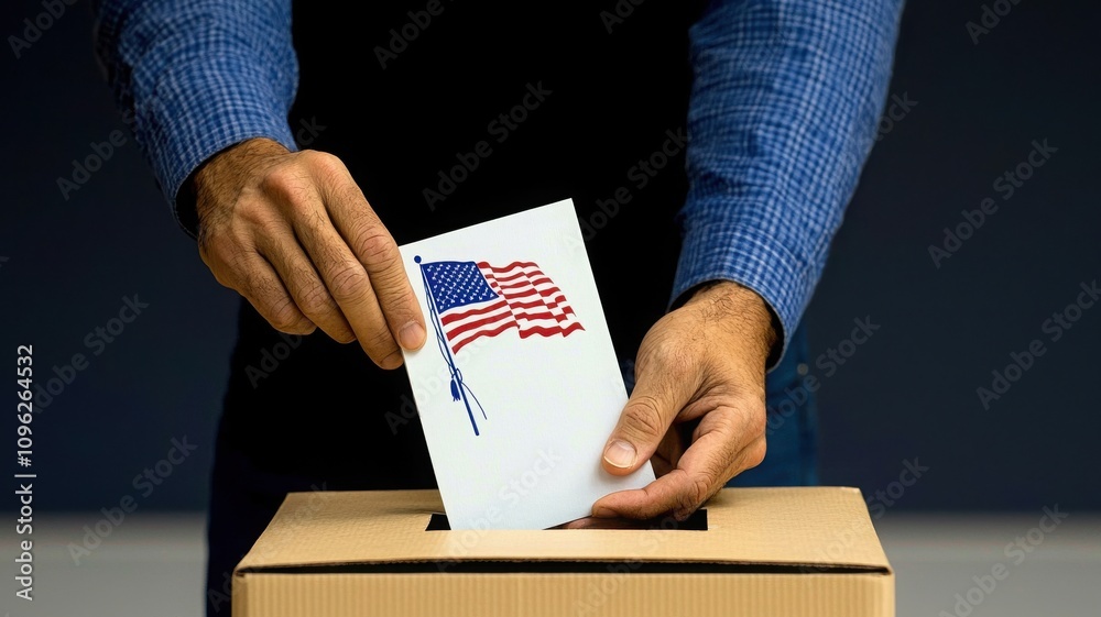 A person is casting a vote by placing a ballot with an American flag into a box, symbolizing civic engagement and democracy. A person is casting a vote by placing a ballot with an American flag into a box, symbolizing civic engagement and democracy.