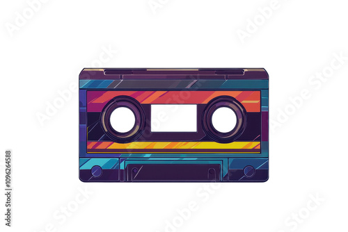 A vibrant, retro cassette tape featuring colorful patterns and two circular reels.