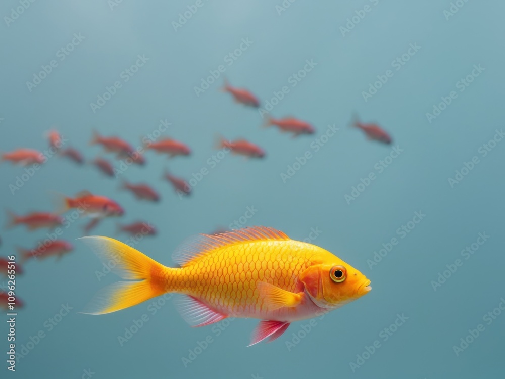 Fototapeta premium Bright fish swimming in blue water with a school in background.