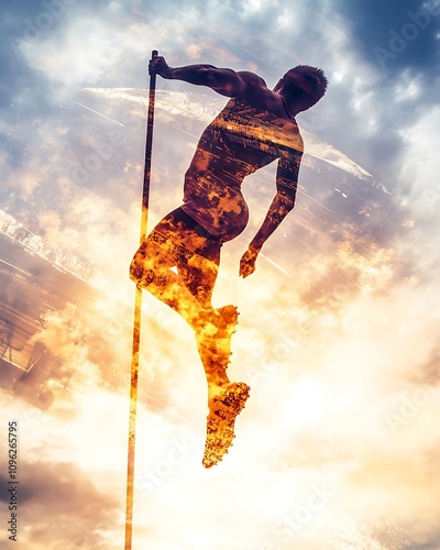 Athletes with dynamic sports scenes, Dynamic Pole Vaulter in Mid-Air Double Exposure