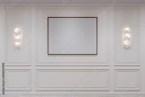 White interior in modern classic style. Painting on the wall and wall lamps on the sides. Mockup of interior illustration. 3d rendering
