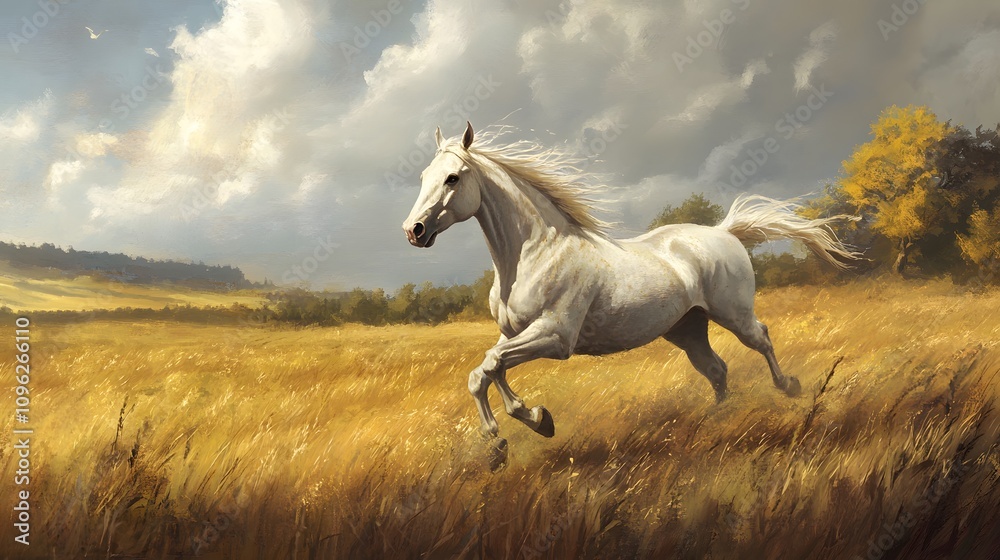 A horse galloping across an open field A horse galloping across an open field