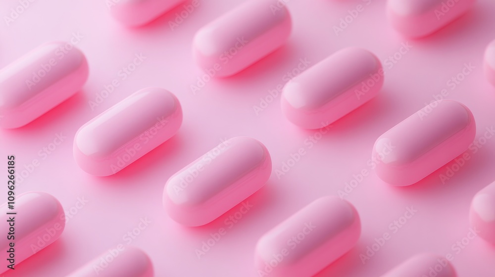 Minimalist arrangement of pink capsules neatly lined on a soft pastel pink backdrop creating a serene and modern aesthetic. Minimalist arrangement of pink capsules neatly lined on a soft pastel pink backdrop creating a serene and modern aesthetic.