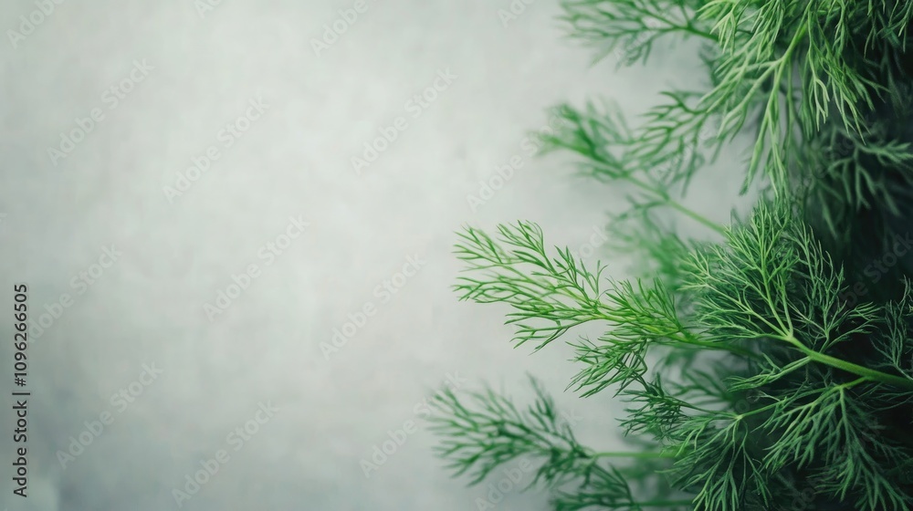 Vibrant green dill sprigs arranged against a soft, light gray backdrop highlighting the delicate feathery texture of the herb. Vibrant green dill sprigs arranged against a soft, light gray backdrop highlighting the delicate feathery texture of the herb.
