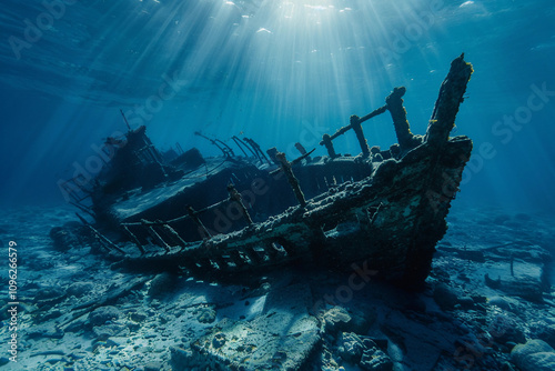 Underwater view of an sunken ship on seabed with fish swimming around