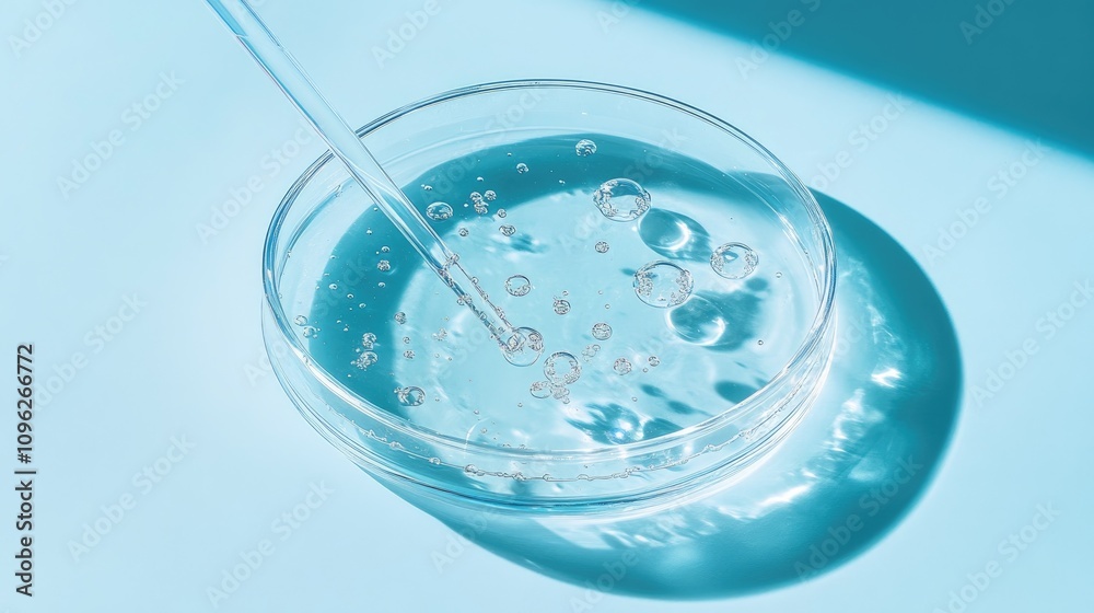Lab dropper releasing gel bubbles into a clear petri dish on a soft blue background, creating sharp shadows, symbolizing science and beauty. Lab dropper releasing gel bubbles into a clear petri dish on a soft blue background, creating sharp shadows, symbolizing science and beauty.