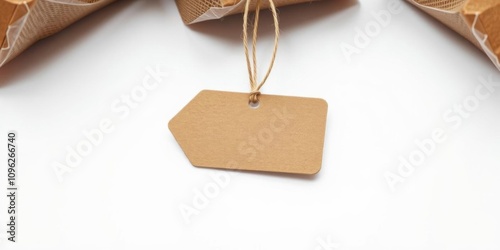 A close-up of a tag with a hole in the middle and a brown string attached, isolated on a white background, craft, string, stock photo photo